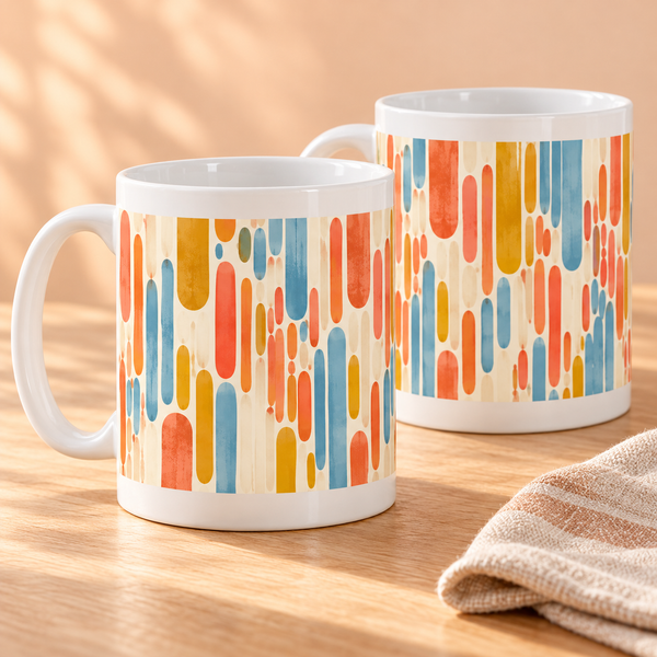 Cascade Colour abstract ceramic mugs, matching set of two, full wraparound print