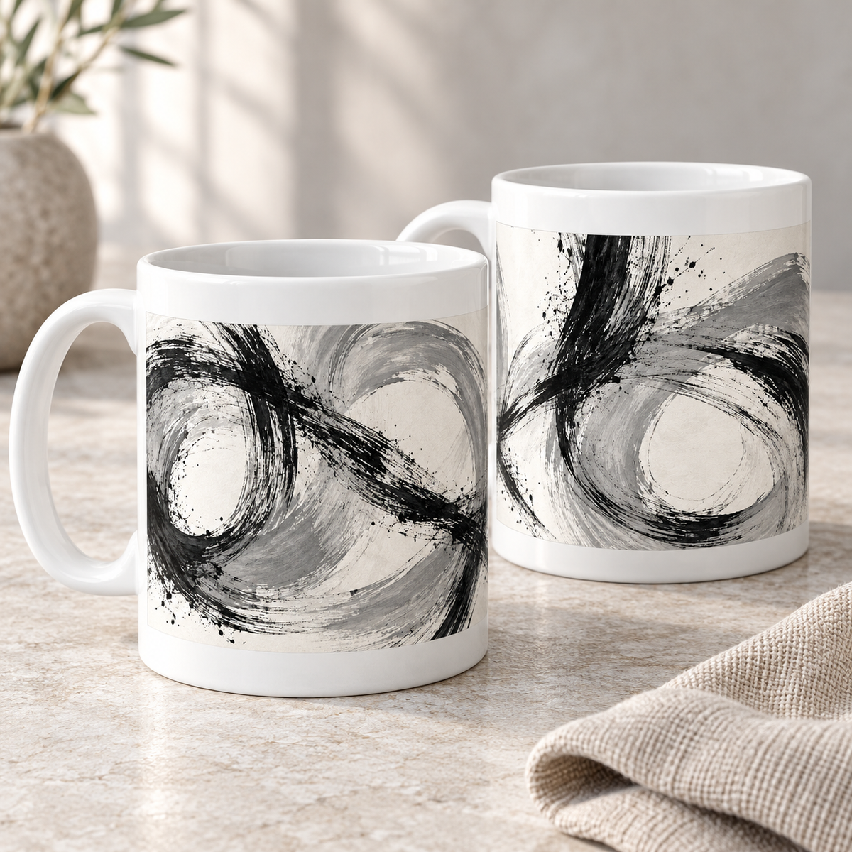 Charcoal Sketch abstract ceramic mugs, matching set of two, full wraparound design