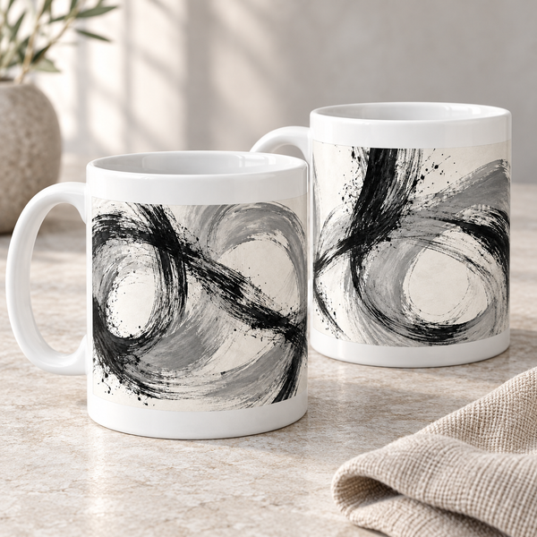 Charcoal Sketch abstract ceramic mugs, matching set of two, full wraparound design