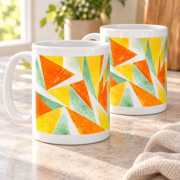 Citrus Angles abstract ceramic mugs, matching set of two, full wraparound design
