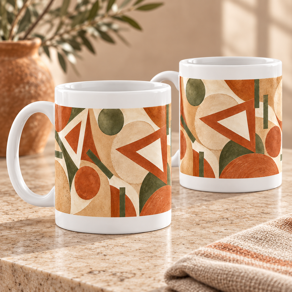 Clay Compass abstract ceramic mugs, matching set of two, full wraparound design