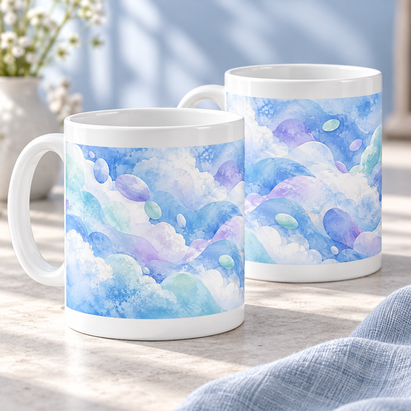Cloud Garden abstract ceramic mugs, matching set of two, full wraparound design