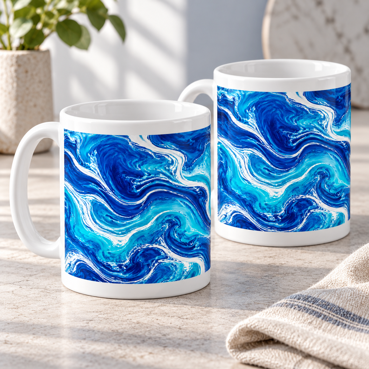 Cobalt Current abstract ceramic mugs, matching set of two, wraparound design