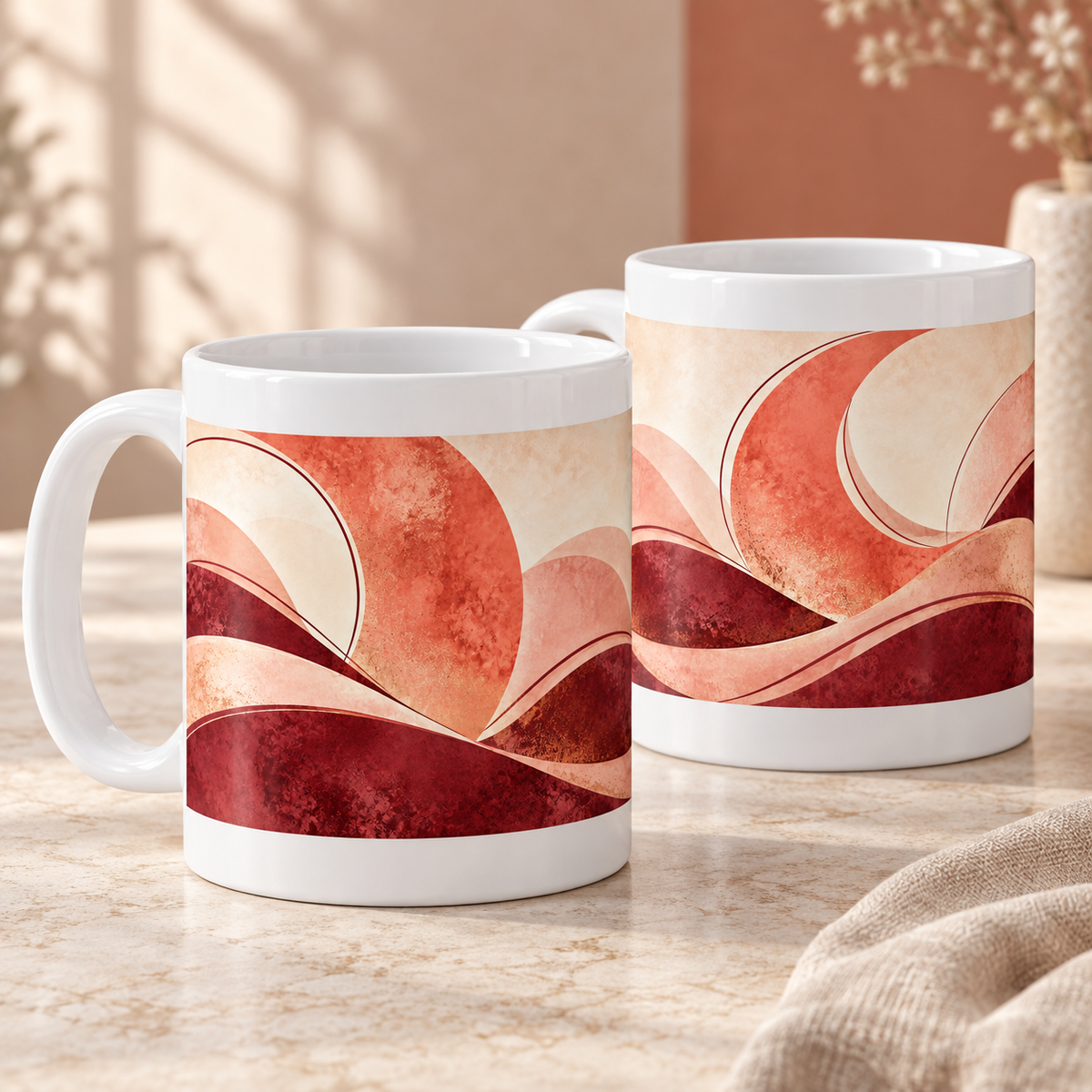 Coral Crescent abstract ceramic mugs, matching set of two, full wraparound design