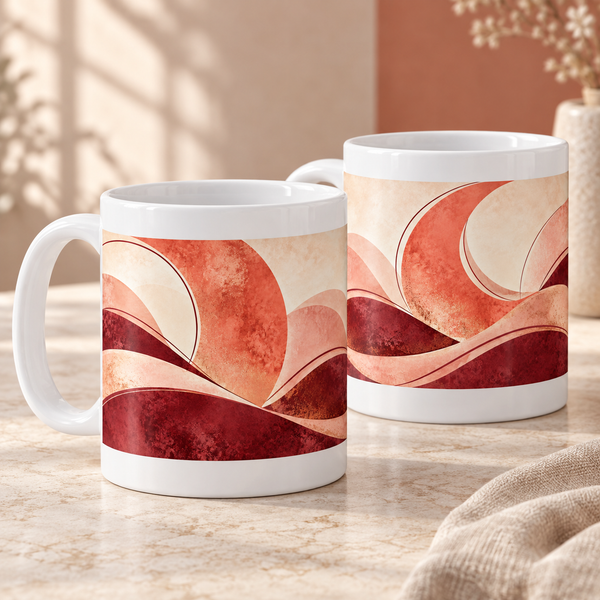 Coral Crescent abstract ceramic mugs, matching set of two, full wraparound design
