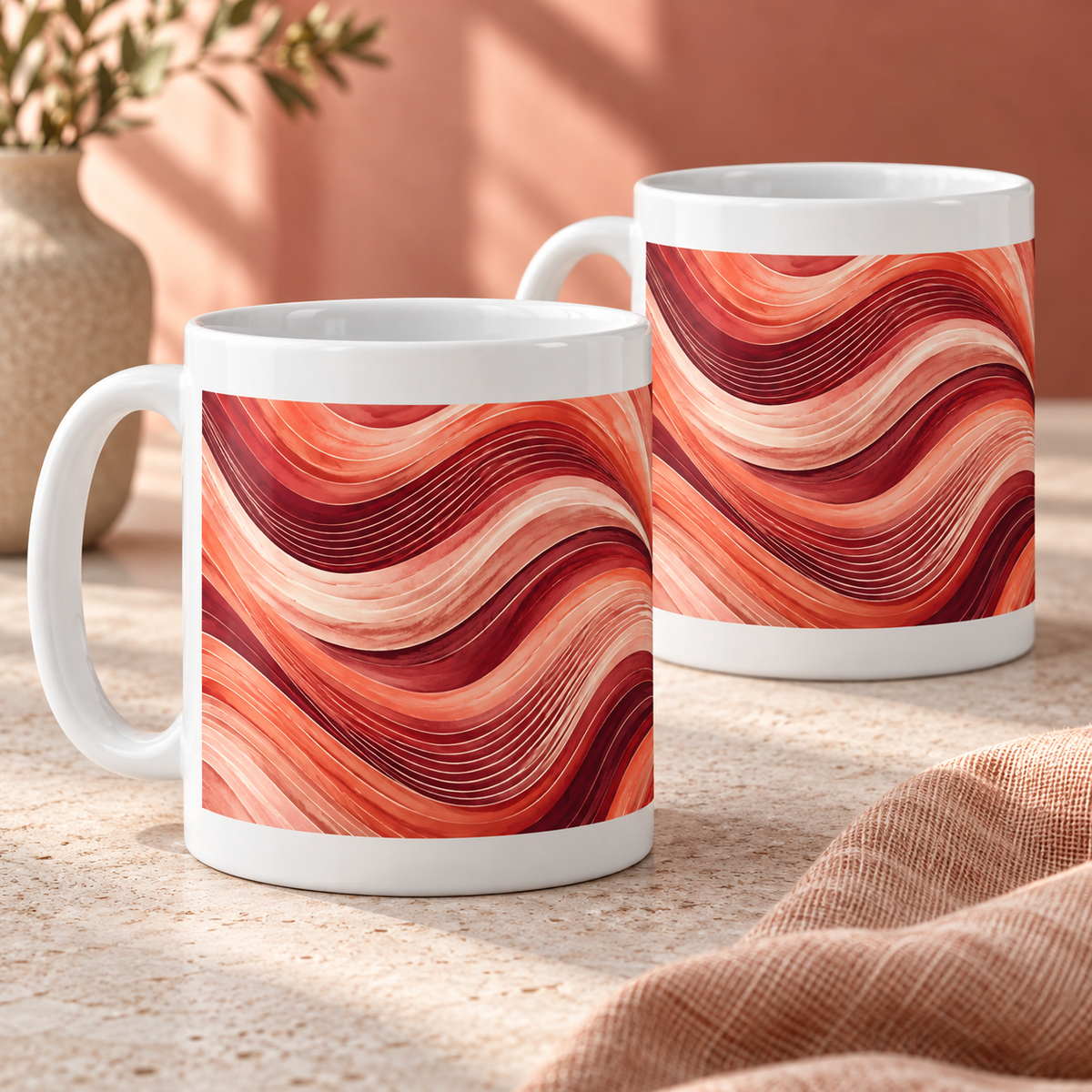Coral Frequency abstract ceramic mugs, matching set of two, full wraparound print