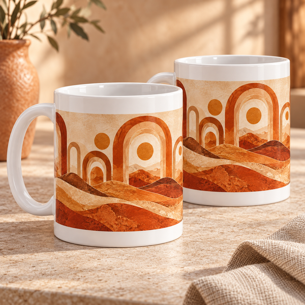 Desert Arc abstract ceramic mugs, matching set of two, full wraparound design