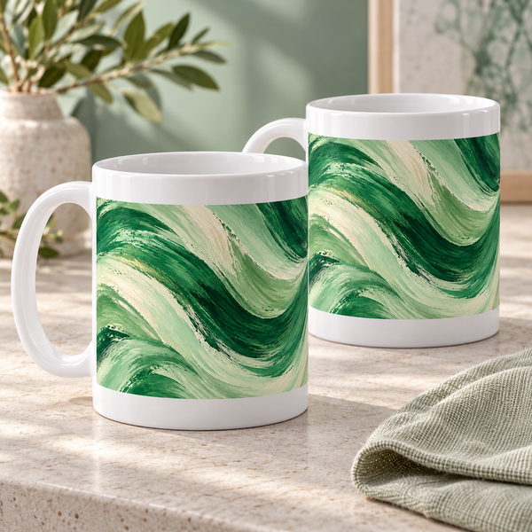 Emerald Sweep abstract ceramic mugs, matching set of two, full wraparound design