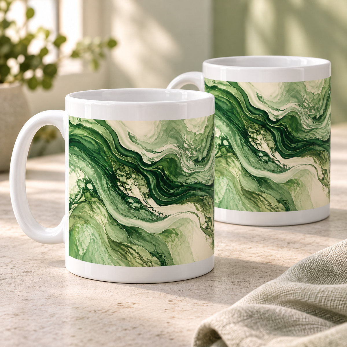 Forest Flow abstract ceramic mugs, matching set of two, full wraparound design