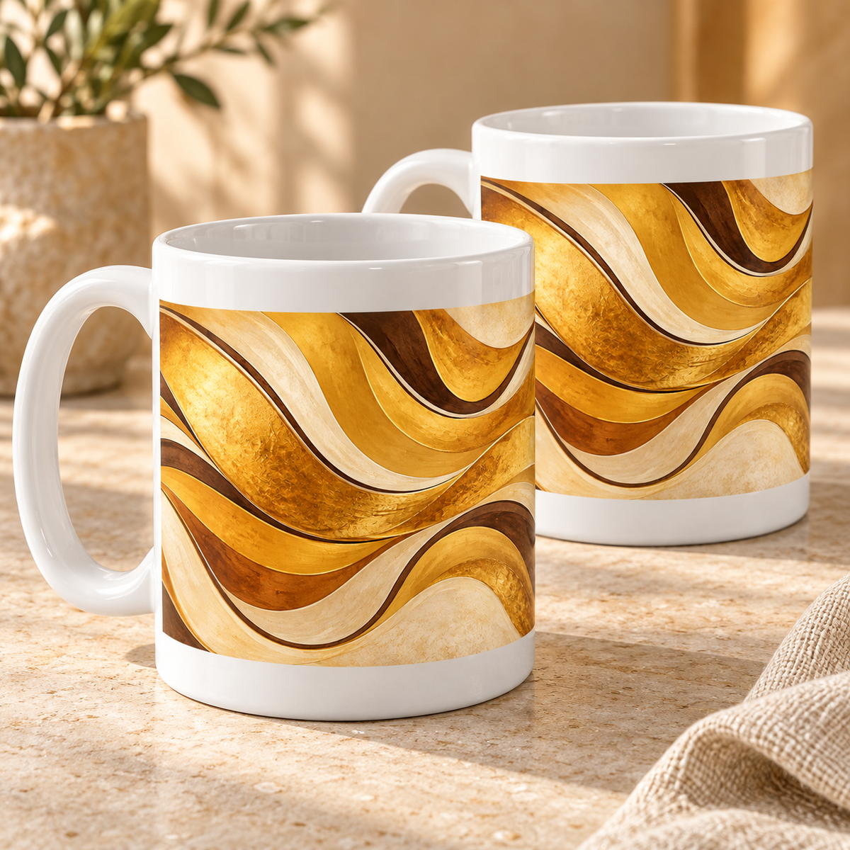 Golden Groove abstract ceramic mugs, matching set of two, full wraparound print