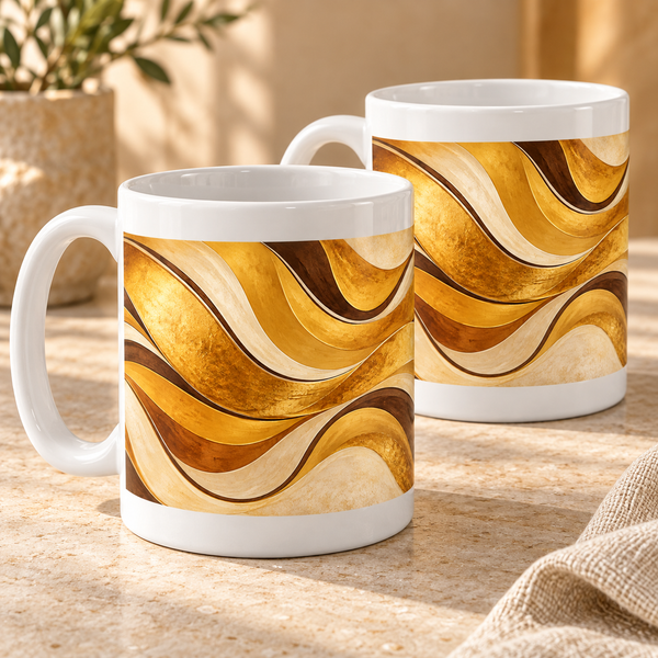 Golden Groove abstract ceramic mugs, matching set of two, full wraparound print