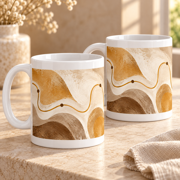 Golden Meander abstract ceramic mugs, matching set of two, full wraparound print
