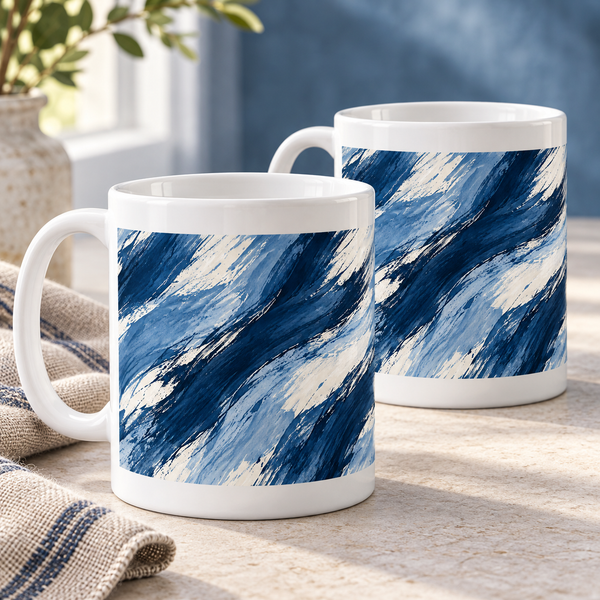 Indigo Rhythm abstract ceramic mugs, matching set of two, full wraparound design