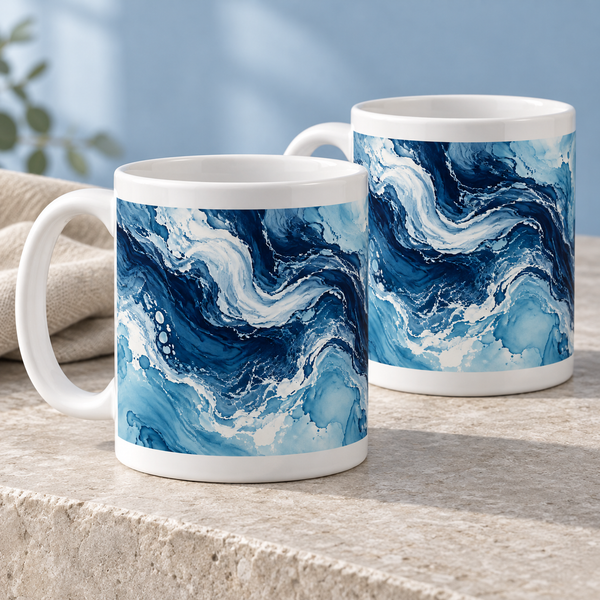 Ink Tide abstract navy and sea blue wraparound ceramic mugs, matching set of two