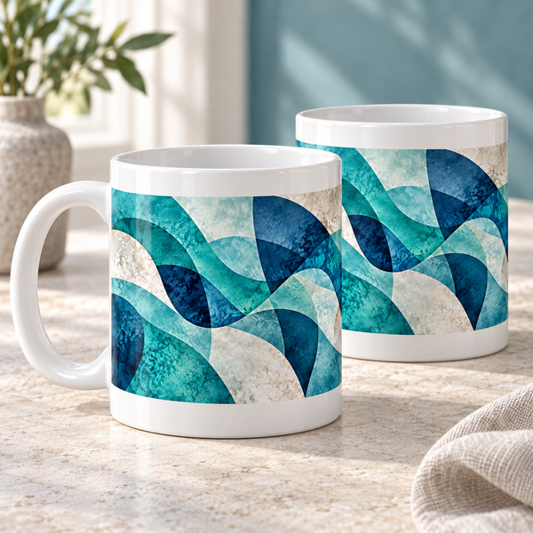 Lagoon Layers abstract ceramic mugs, matching set of two, full wraparound design