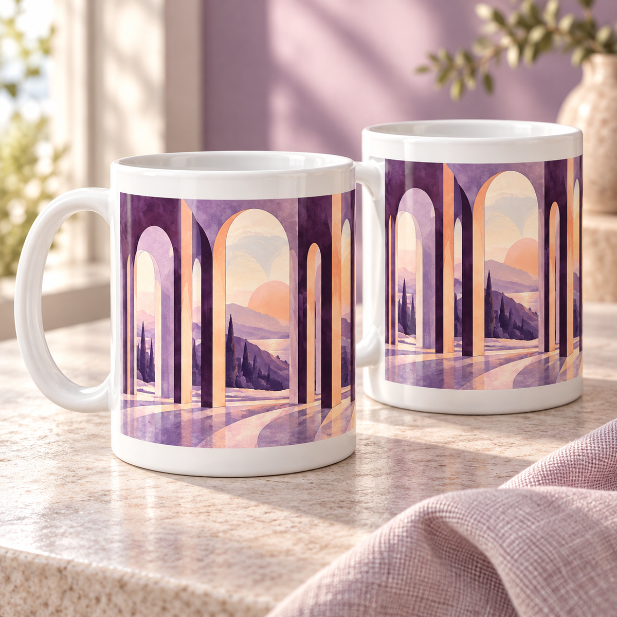 Lilac Colonnade abstract ceramic mugs, matching set of two, full wraparound design