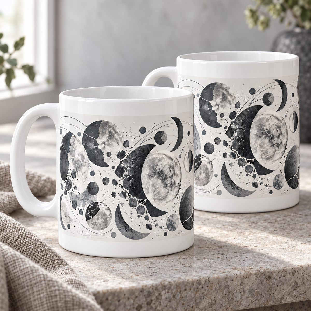 Lunar Fragments abstract ceramic mugs, matching set of two, full wraparound print