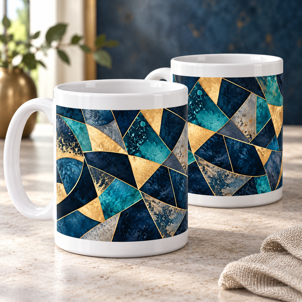 Midnight Mosaic abstract ceramic mugs, matching set of two, full wraparound design