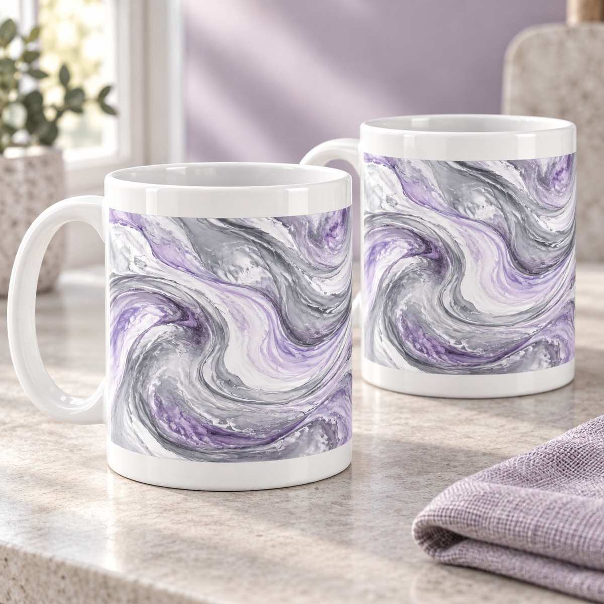 Moonstone Swirl abstract ceramic mugs, matching set of two, full wraparound design