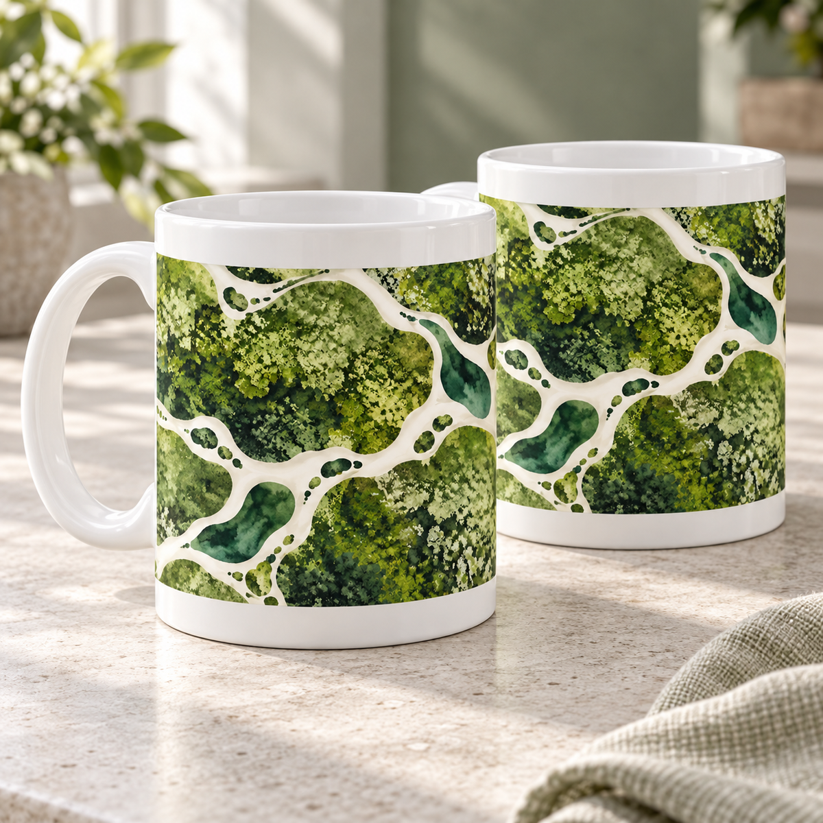 Moss Islands abstract ceramic mugs, matching set of two, full wraparound design