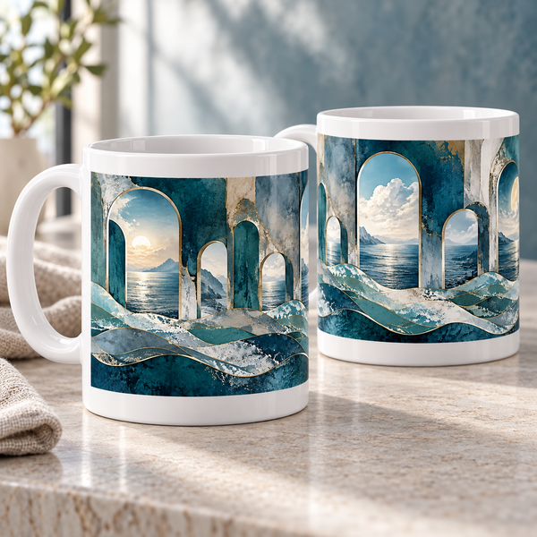 Ocean Portals abstract ceramic mugs, matching set of two, full wraparound design