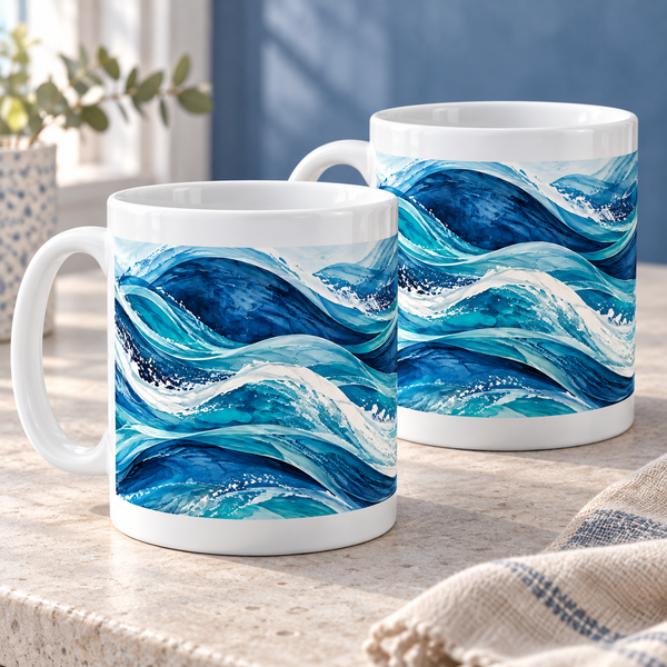 Ocean Undulation abstract ceramic mugs, matching set of two, full wraparound print