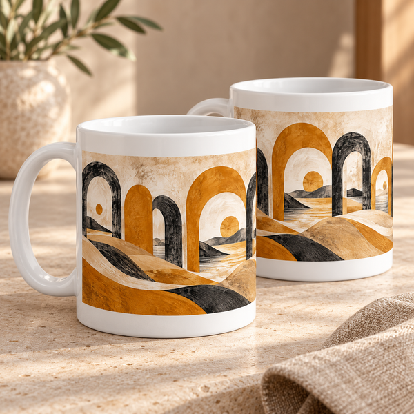 Ochre Passage abstract ceramic mugs, matching set of two, full wraparound design