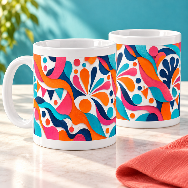 Paper Carnival abstract ceramic mugs, matching set of two, full wraparound print