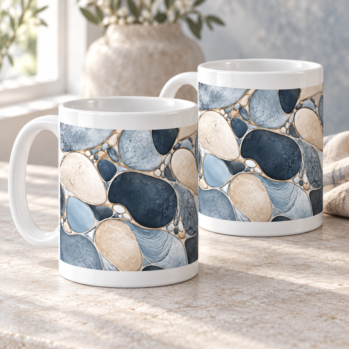 Pebble Poetry abstract ceramic mugs, matching set of two, full wraparound design