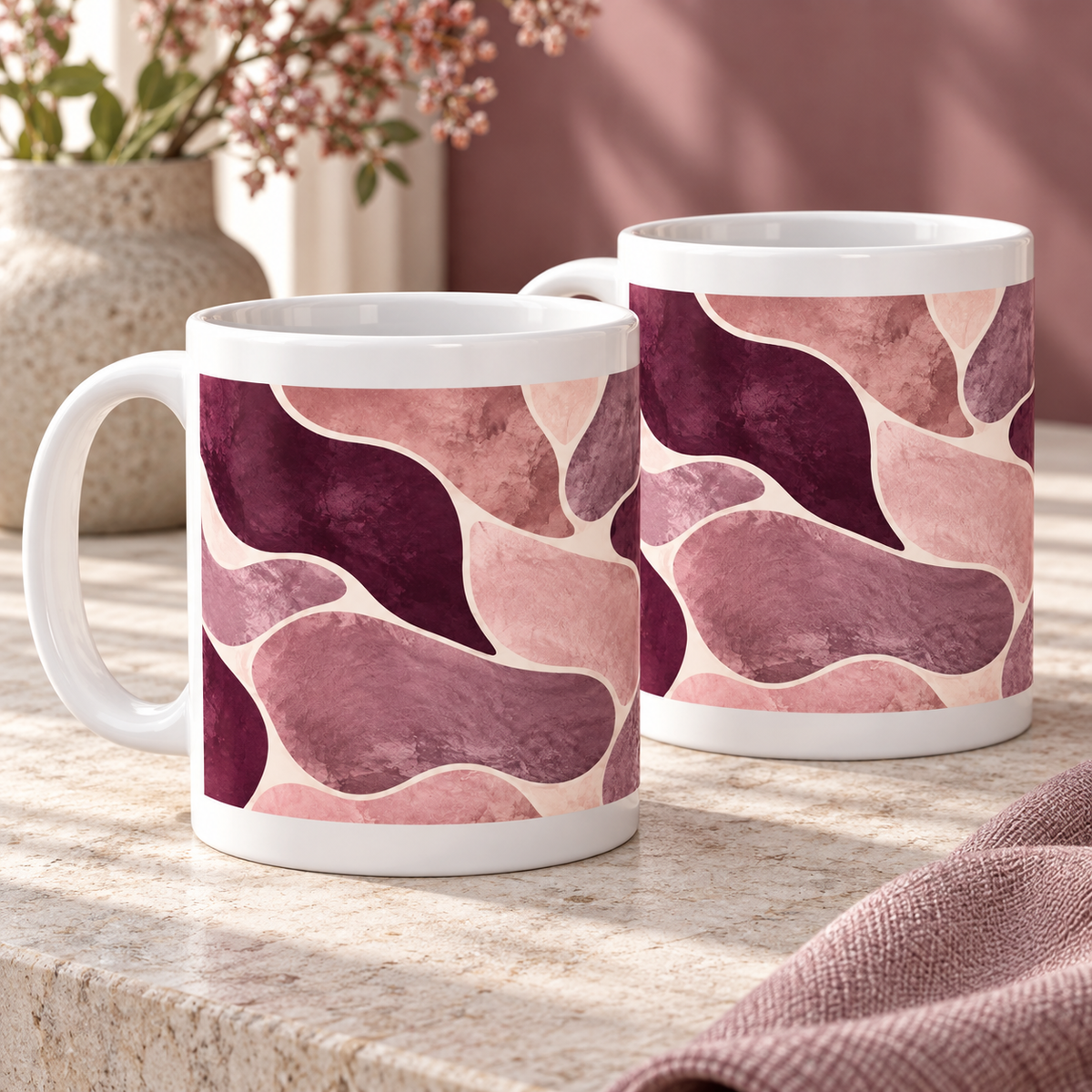 Plum Patches abstract ceramic mugs, matching set of two, full wraparound print
