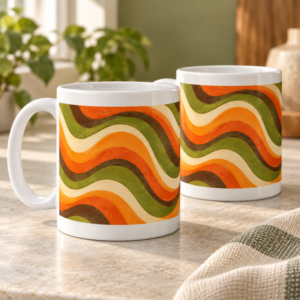 Retro Reverie abstract ceramic mugs, matching set of two, full wraparound print