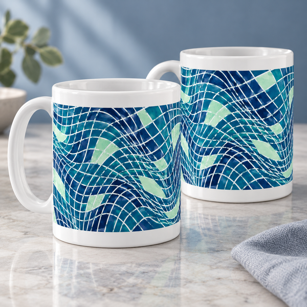 Ripple Grid abstract ceramic mugs, matching set of two, full wraparound print