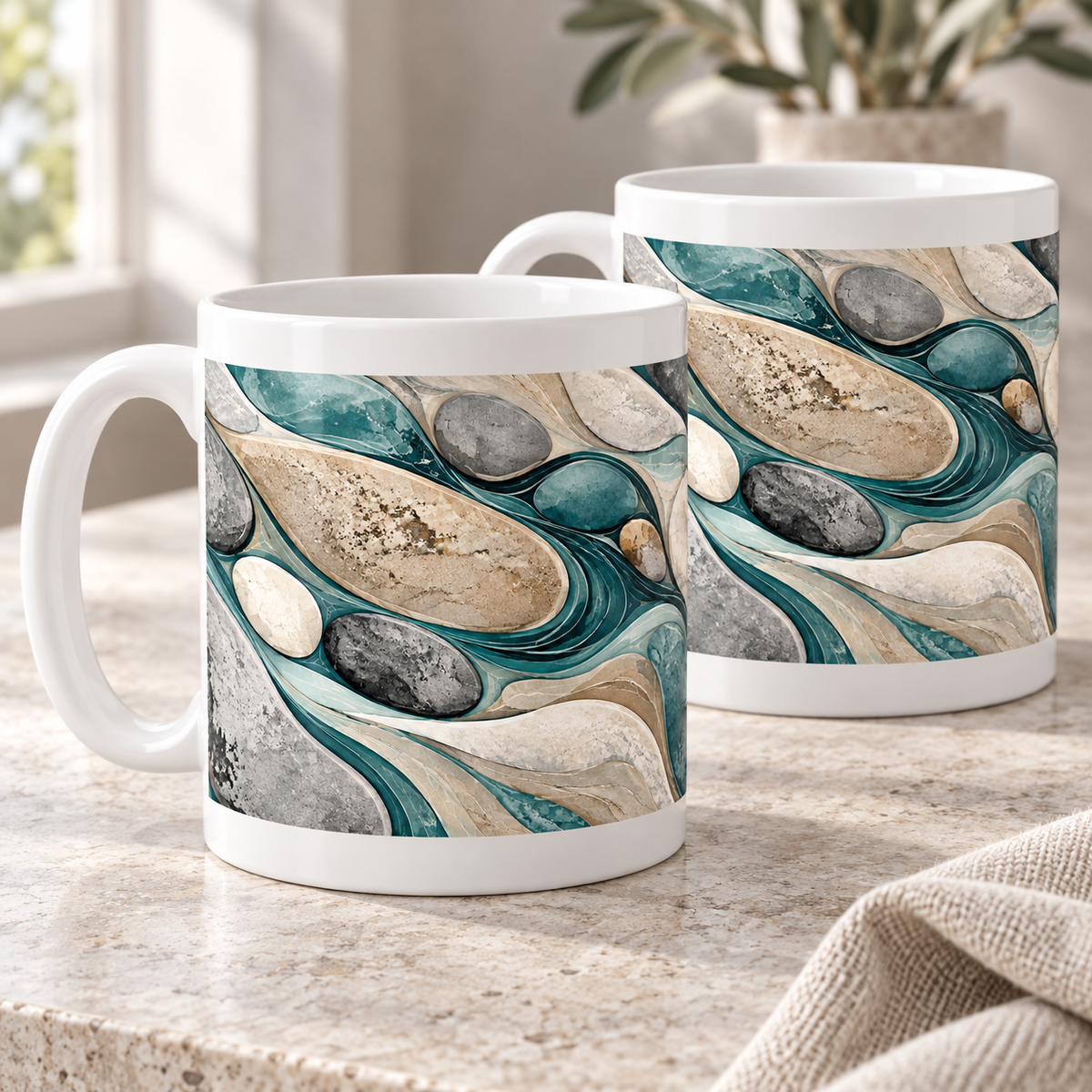 River Stones abstract ceramic mugs, matching set of two, full wraparound print