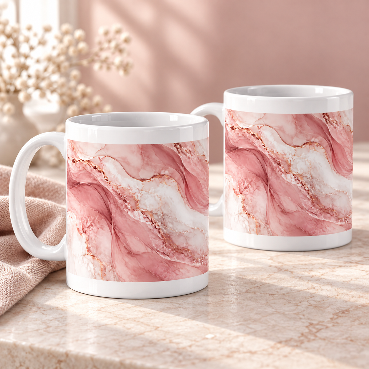 Rose Quartz Drift abstract ceramic mugs, matching set of two, wraparound design
