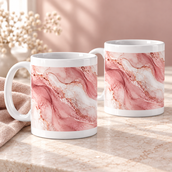 Rose Quartz Drift abstract ceramic mugs, matching set of two, wraparound design