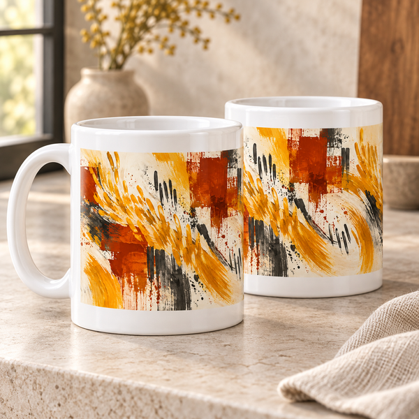 Saffron Marks abstract ceramic mugs, matching set of two, full wraparound design