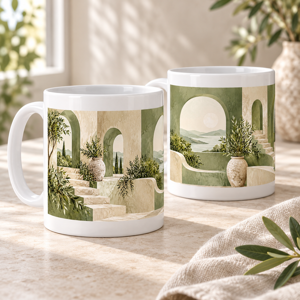 Sage Courtyard abstract ceramic mugs, matching set of two, full wraparound design