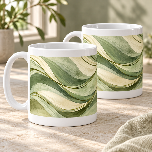 Sage Sway abstract ceramic mugs, matching set of two, full wraparound print