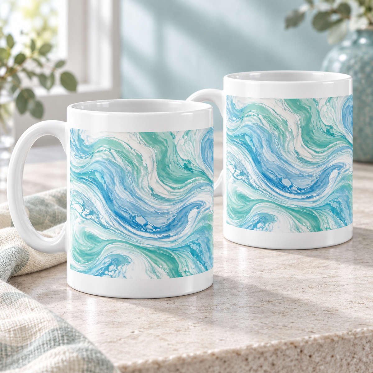 Seafoam Ripple abstract ceramic mugs, matching set of two, full wraparound design