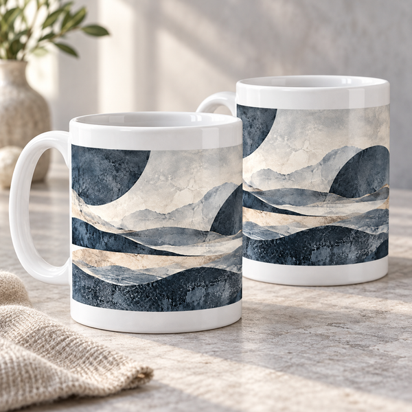 Slate Horizon abstract ceramic mugs, matching set of two, full wraparound design
