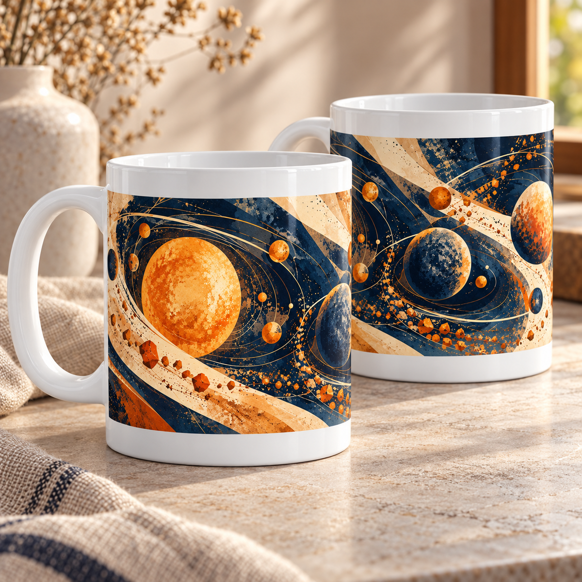 Solar Orbit abstract ceramic mugs, matching set of two, full wraparound print