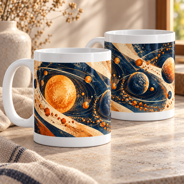 Solar Orbit abstract ceramic mugs, matching set of two, full wraparound print