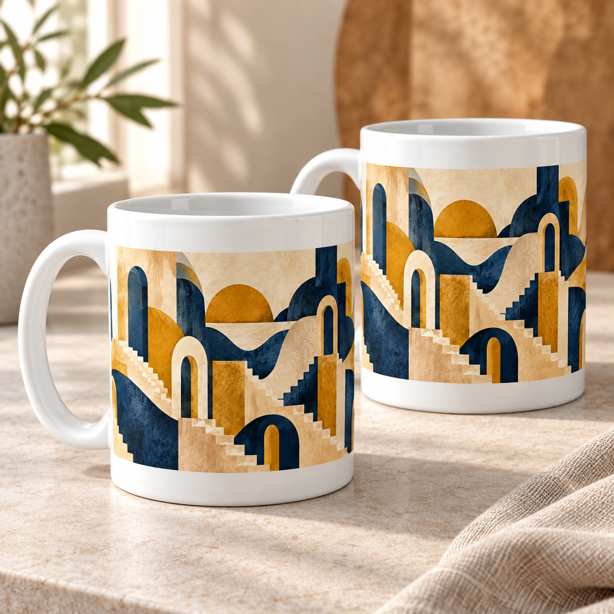 Solstice Steps abstract ceramic mugs, matching set of two, full wraparound design