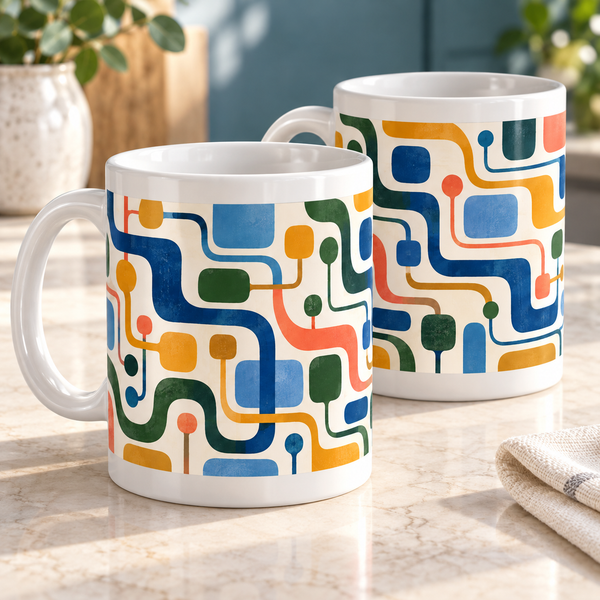 Spectrum Circuit abstract ceramic mugs, matching pair with colourful full wrap print