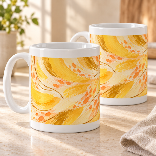 Sunlit Brush abstract ceramic mugs, matching set of two, full wraparound design