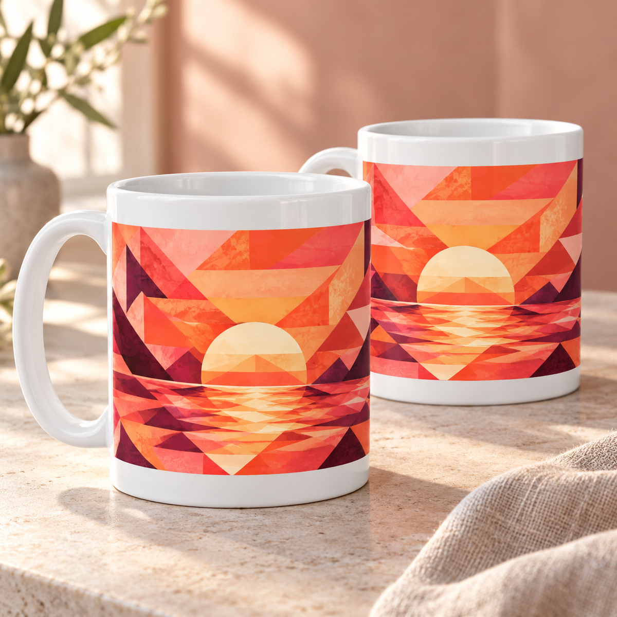 Sunset Tangram abstract ceramic mugs, matching set of two, full wraparound design