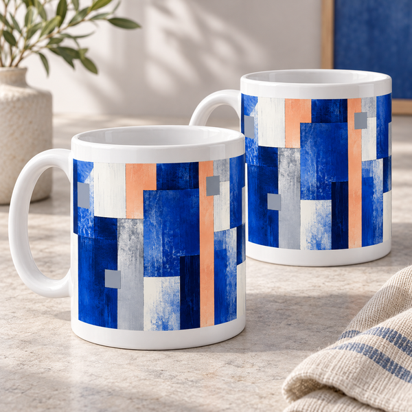 Ultramarine Blocks abstract ceramic mugs, matching set of two, full wraparound design