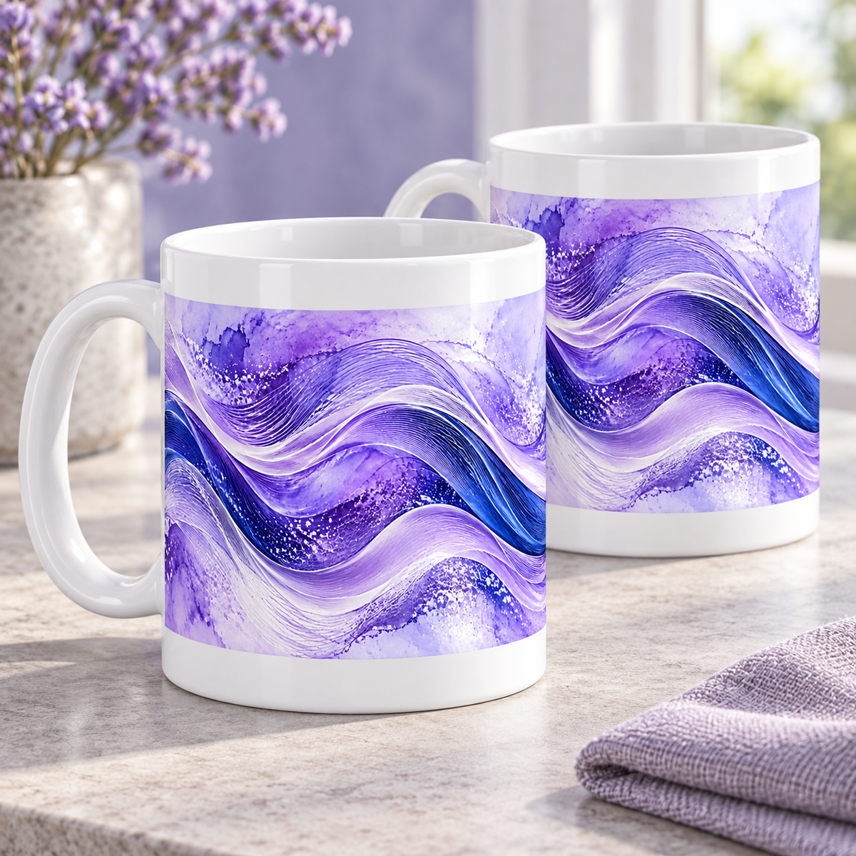 Violet Waveform abstract ceramic mugs, matching set of two, full wraparound print