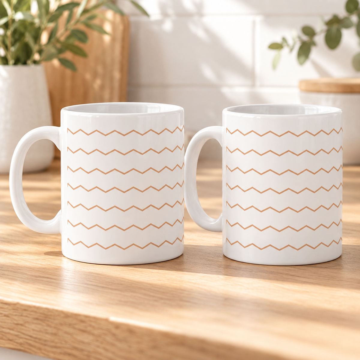 Apricot Zigzag Ceramic Mugs – Set of 2 with matching printed designs, white ceramic borders and both handles on the left