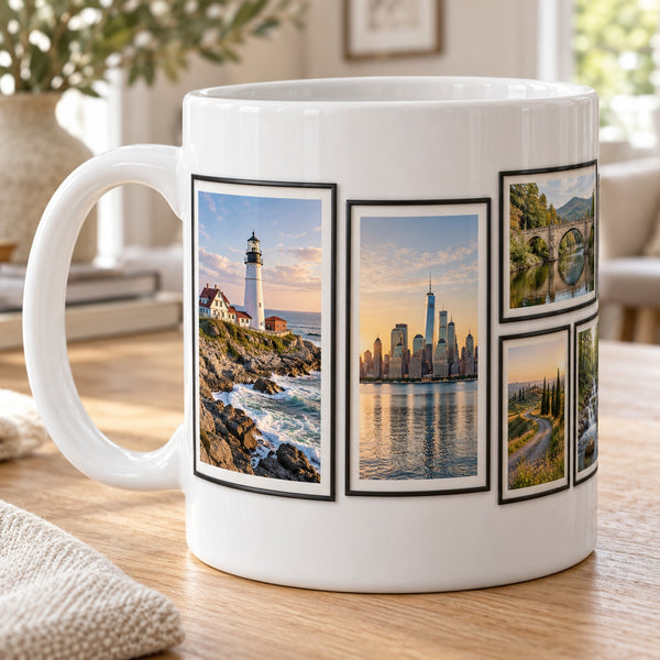 Black Gallery Frames Photo Mug: white ceramic mug with a continuous modern wraparound gallery of five different photographs in fine black picture frames of different sizes: coastal lighthouse, city skyline, stone bridge, winding country road and woodland stream; two main frames visible front, remaining frames continue around the side, a left-facing handle and clear white space above and below the print